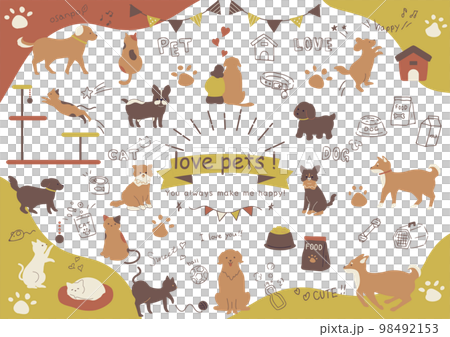 手がきの犬、猫とペット用品アイコンのセット 手がきの犬、猫とペット用品アイコンのセット 98492153