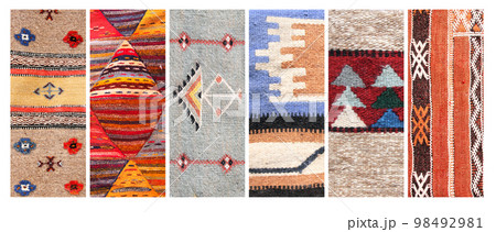 Set of vertical or horizontal banners with textures of berber traditional wool carpet with geometric pattern, Morocc 98492981