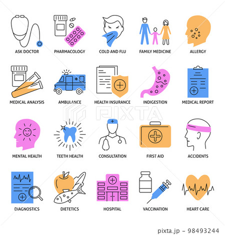 Medicine icon set in line style 98493244