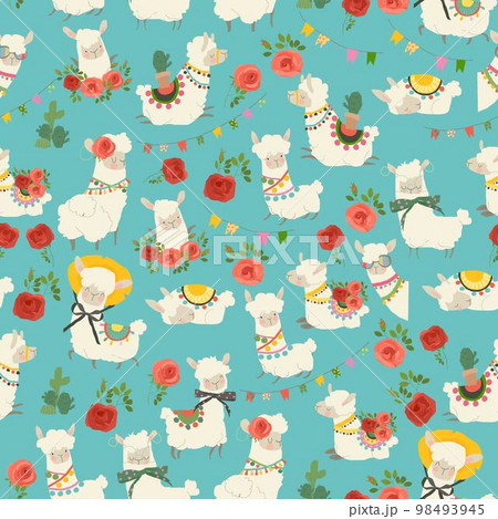 Seamless Pattern with Cute Llamas and Red Roses Seamless Pattern with Cute Llamas and Red Roses 98493945