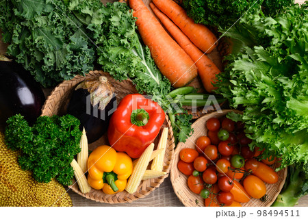 Fresh organic vegetables from local farmers market, Sustainability concept, Table top view 98494511