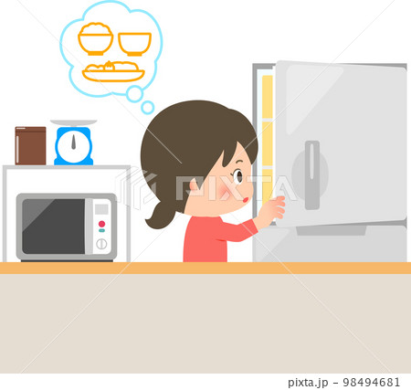 冷蔵庫の中を見て献立を考える女性 98494681