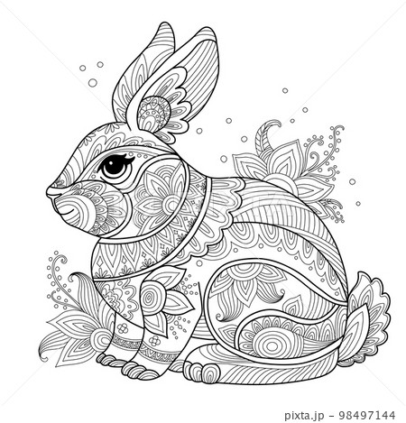 Rabbit with flowers adult antistress coloring page vector 98497144