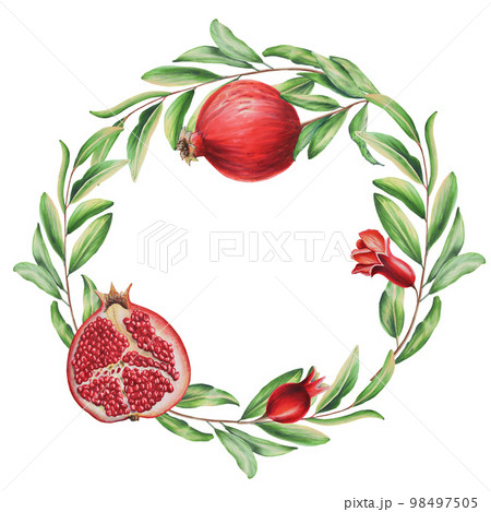 Watercolor pomegranate frame with a branch. Ripe slice, flowers and seeds of pomegranate. Hand drawn realistic tasty garnet red fruit isolated  98497505