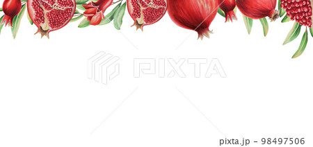 Watercolor pomegranate banner with a branch. Ripe slice, flowers and seeds of pomegranate. Hand drawn realistic tasty garnet red fruit isolated Watercolor pomegranate banner with a branch. Ripe slice, flowers and seeds of pomegranate. Hand drawn realistic tasty garnet red fruit isolated 98497506