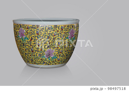 antique yellow and white ceramic large pot on grey background, object, decor, modern, gift, copy space 98497518