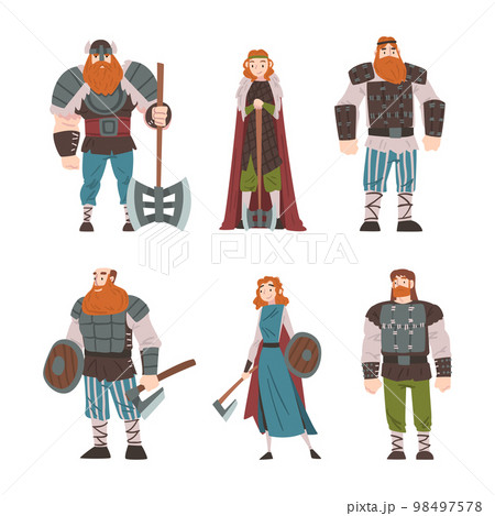 Viking Male and Female Character with Weapons Vector Set 98497578