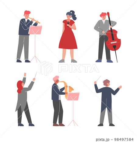 Man and Woman Musician Character Playing Musical Instrument and Conducting Orchestra Vector Set 98497584