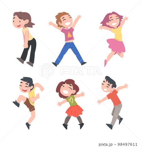 Happy Kids Jumping with Joy and Excitement Rejoicing and Cheering Vector Set 98497611