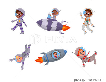 Cute Kid Astronauts in Outer Space Riding Rocket or Spaceship Vector Set Cute Kid Astronauts in Outer Space Riding Rocket or Spaceship Vector Set 98497619