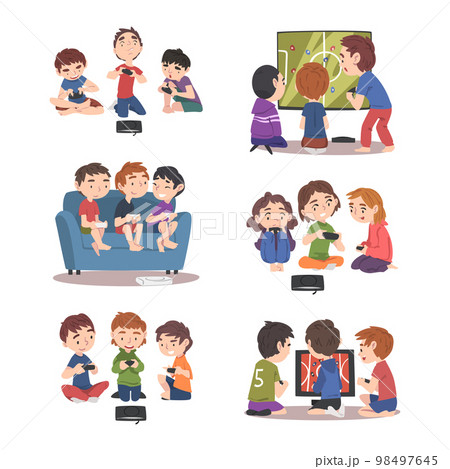 Cute Little Boys and Girl Playing Video Game Together on Console with Gamepad Vector Set Cute Little Boys and Girl Playing Video Game Together on Console with Gamepad Vector Set 98497645
