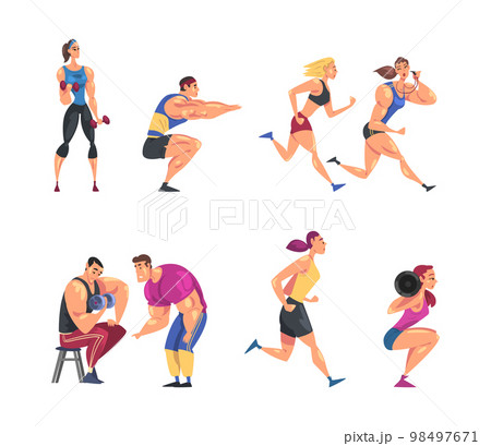 Muscled Man and Woman Sportsman Training in Gym Doing Physical Workout with Their Personal Trainer Vector Set 98497671