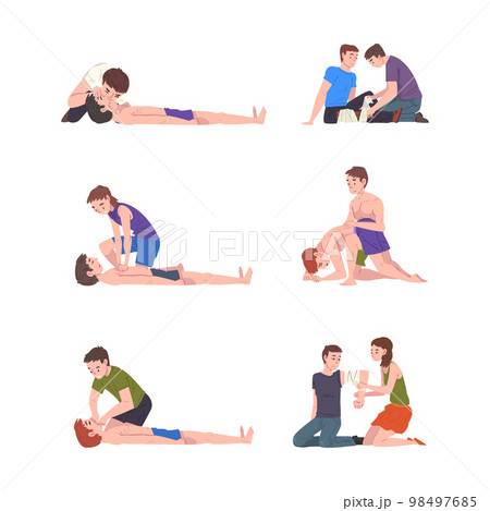 Emergency First Aid Procedure with Man and Woman Helping Victim Vector Set 98497685