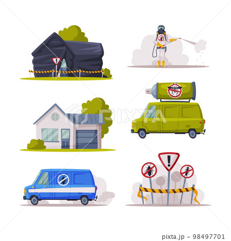 Pest Control and Insect Extermination Service with Man in Uniform, House and Van Vector Set Pest Control and Insect Extermination Service with Man in Uniform, House and Van Vector Set 98497701