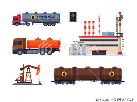 Oil and Petrol Industry with Derrick, Cargo Transport and Plant Vector Set Oil and Petrol Industry with Derrick, Cargo Transport and Plant Vector Set 98497712
