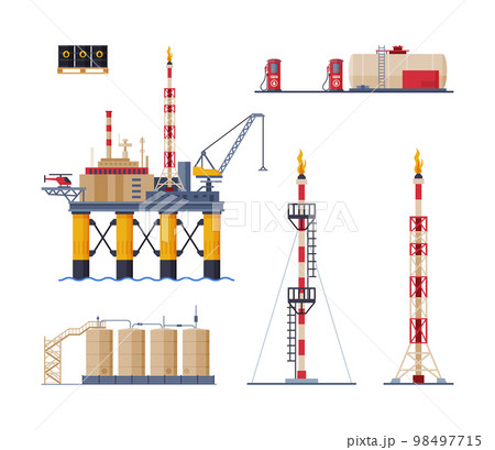 Oil and Petrol Industry with Plant with Tower and Station with Cistern Vector Set Oil and Petrol Industry with Plant with Tower and Station with Cistern Vector Set 98497715