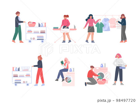 People Characters in Laundry Service with Washing Machine Vector Set People Characters in Laundry Service with Washing Machine Vector Set 98497720