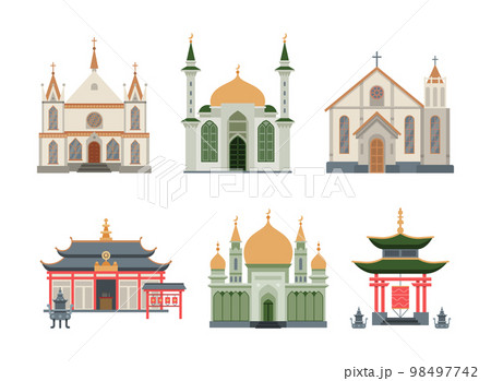 Religious Buildings with Different Churches and Temples Facades Vector Set 98497742