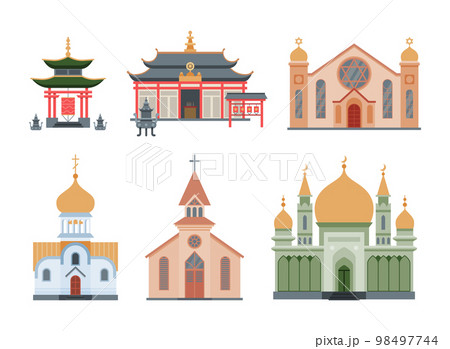Religious Buildings with Different Churches and Temples Facades Vector Set 98497744
