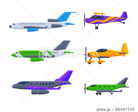 Airplane with Propeller and Wings Side View Vector Set 98497745
