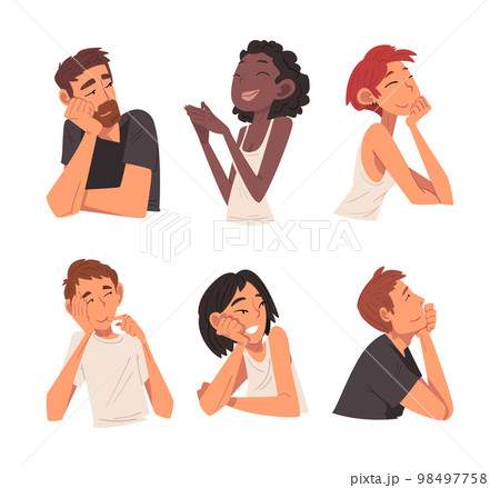 Smiling Man and Woman Character Looking at Someone Demonstrating Attention Vector Set 98497758