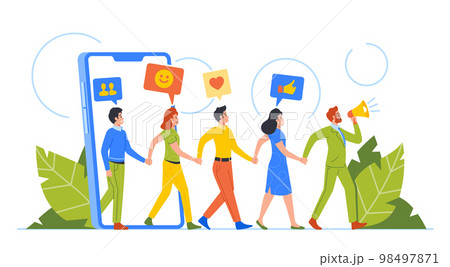 Referral Program Business Concept. Salesman Character Shouting To Megaphone Attracting Audience To Refer Friends 98497871
