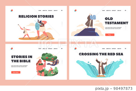 Bible Narratives and Stories Landing Page Template Set. Compositions With Legendary Characters Scenes of Eva and Snake 98497873