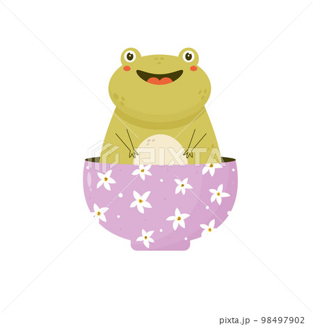 Cute happy frog sitting inside a bowl. Funny toad character Cute happy frog sitting inside a bowl. Funny toad character 98497902