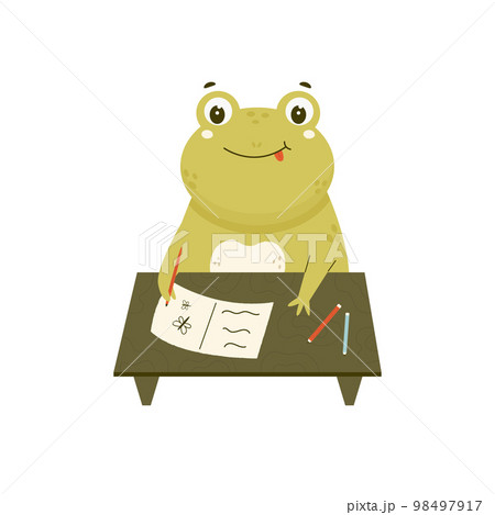 Vector illustration of a cute smart frog doing a homework Vector illustration of a cute smart frog doing a homework 98497917