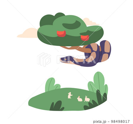 Evil Serpent On Forbidden Tree. Biblical Story Of Adam And Eve Lapse From Virtue. Snake On Apple Tree In Paradise Garden 98498017