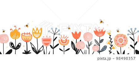 Fairy flowers border in Scandinavian folk style, seamless vector pattern. Repeating doodle flower meadow background with honey bees. Design for fabric, cards, wallpaper, home decor, craft packaging. 98498357