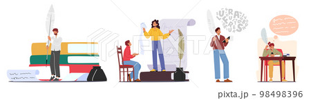 Set Writer or Poets Male and Female Characters Reading And Writing Poetries. Creative Person at Workplace Illustration Set Writer or Poets Male and Female Characters Reading And Writing Poetries. Creative Person at Workplace Illustration 98498396