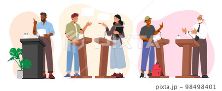 Set Political Debates Concept With Candidates Speaking Behind the Desks, Fighting For Leadership And Conquering Power Set Political Debates Concept With Candidates Speaking Behind the Desks, Fighting For Leadership And Conquering Power 98498401