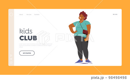 Kids Club Landing Page Template. Overweight Dark Skin Girl, Young Woman Stand with Arm Akimbo. Cheerful Plump Teenager Kids Club Landing Page Template. Overweight Dark Skin Girl, Young Woman Stand with Arm Akimbo. Cheerful Plump Teenager 98498498