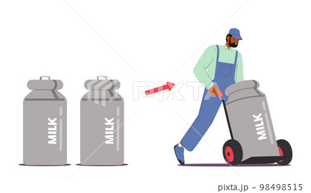 Loader Male Character Push Trolley with Milk Cistern or Canister Isolated on White Background. Man Worker 98498515