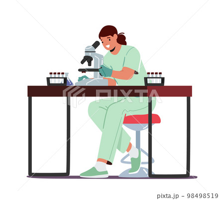 Scientist Female Character Testing Dairy Production in Laboratory. Expert Woman Sitting at Desk Looking in Microscope 98498519