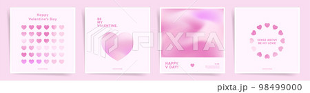 Valentine's day February 14 square posts cards set. Sensual intimate cute pink design square backgrounds for greeting cards, placards, abstract banners. Romantic gradient and heart shaped graphic. 98499000