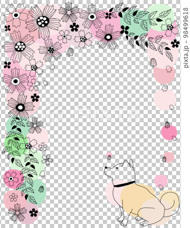Scandinavian style cherry blossoms and cute hand-drawn frame of Shiba Inu 98499618