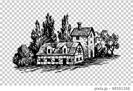 Old houses and trees ink sketch. 98501108