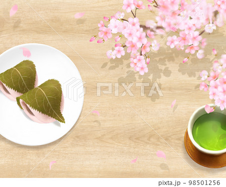 桜とウッドデッキの上に麻布のテーブルクロスとお皿の上に桜餅とお茶の風情あるフレーム壁紙背景素材 98501256