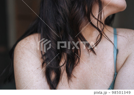 Close up portrait of adult brunette woman in underwear Close up portrait of adult brunette woman in underwear 98501349