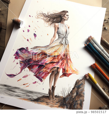 Fashion Illustration Girl in a Romantic Dress Pencil Sketch Stock  Illustration  Illustration of floating decoration 161663555