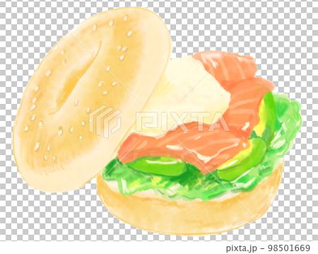 芝麻百吉餅三文魚鱷梨三明治的水彩插圖 芝麻百吉餅三文魚鱷梨三明治的水彩插圖 98501669