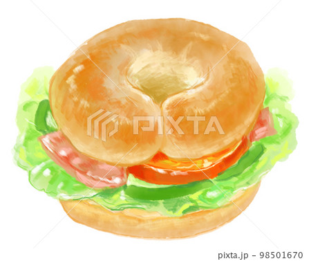 おいしそうなベーグルのサンドイッチの水彩イラスト おいしそうなベーグルのサンドイッチの水彩イラスト 98501670