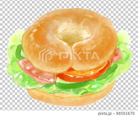 おいしそうなベーグルのサンドイッチの水彩イラスト おいしそうなベーグルのサンドイッチの水彩イラスト 98501670