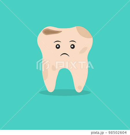 Tooth decay. Bad tooth. Dental care background. Unhealthy teeth on mint background. Vector illustration flat design. 98502604