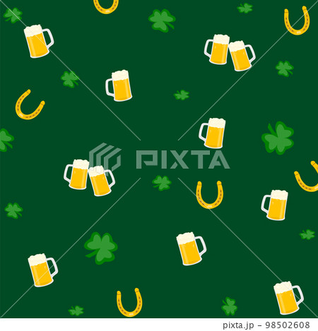 Happy Saint Patrick Day bear mug seamless pattern. Holiday background with clover and horseshoe. Happy Saint Patrick Day bear mug seamless pattern. Holiday background with clover and horseshoe. 98502608