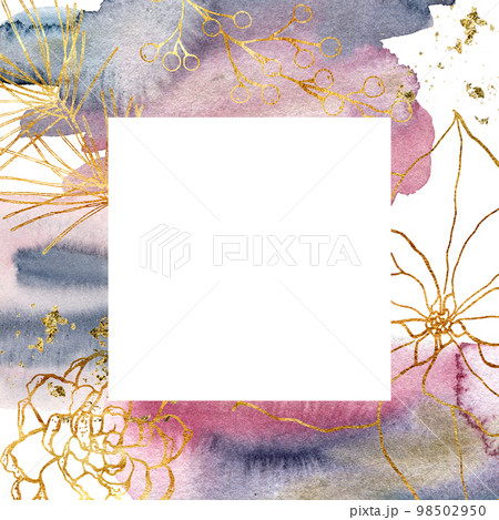 Watercolor golden abstract card. Hand painted frame with flowers, berries, pine needles, pink and blue texture. Floral line art illustration for design, print, fabric or background. 98502950