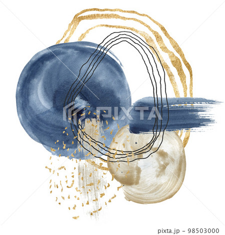 Watercolor dark blue, gold and black abstract card. Hand painted underwater card with ocean texture. Marine illustration for design, print, fabric or background. 98503000