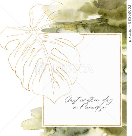 Watercolor line art frame with monstera branch. Hand painted tropical abstract border with green brush isolated on white background. Floral illustration for design, print, fabric or background. Watercolor line art frame with monstera branch. Hand painted tropical abstract border with green brush isolated on white background. Floral illustration for design, print, fabric or background. 98503002